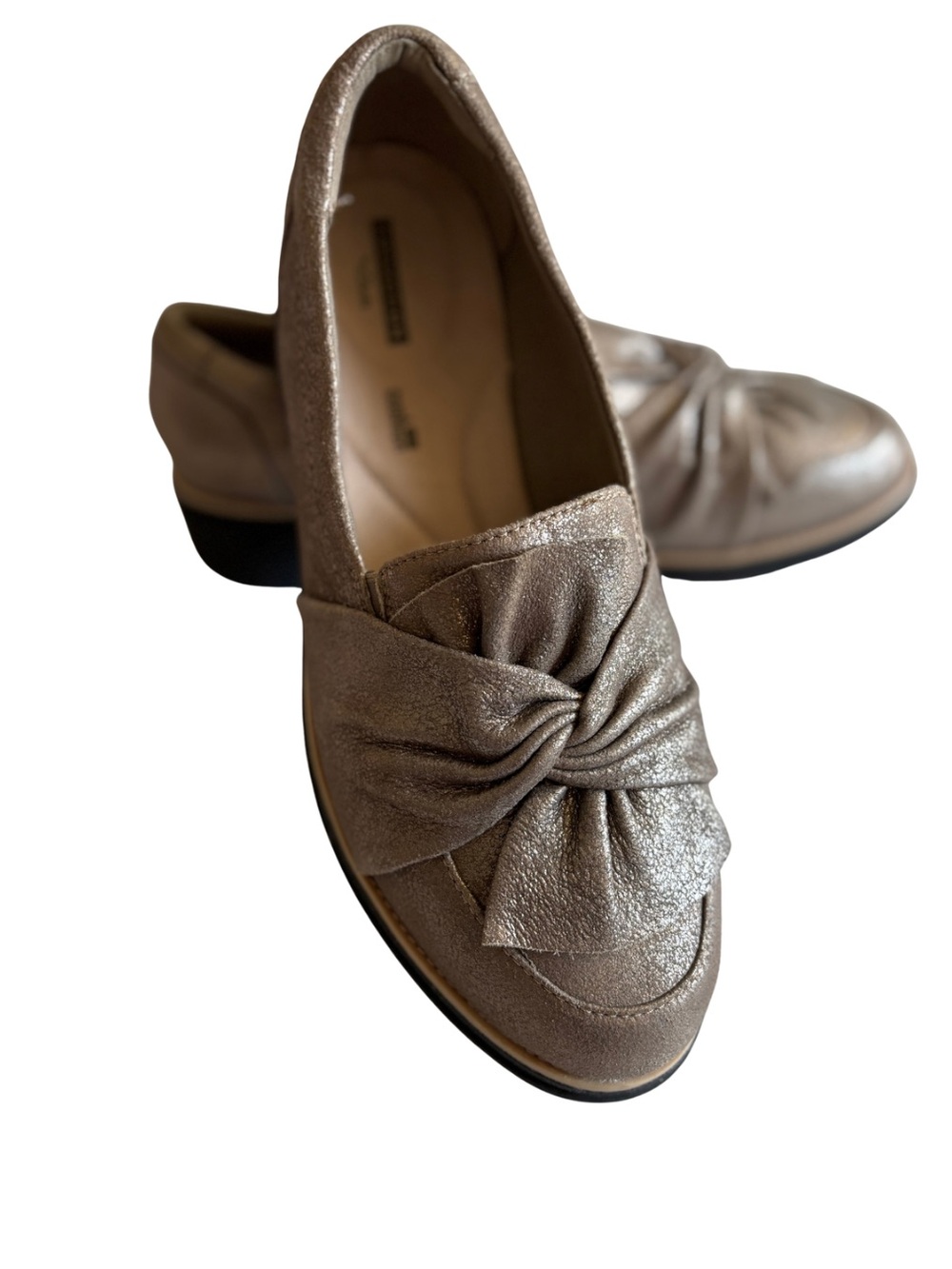 Clarks Collection Sharon Dasher Knot Loafers – Pewter Metallic – Size 10W